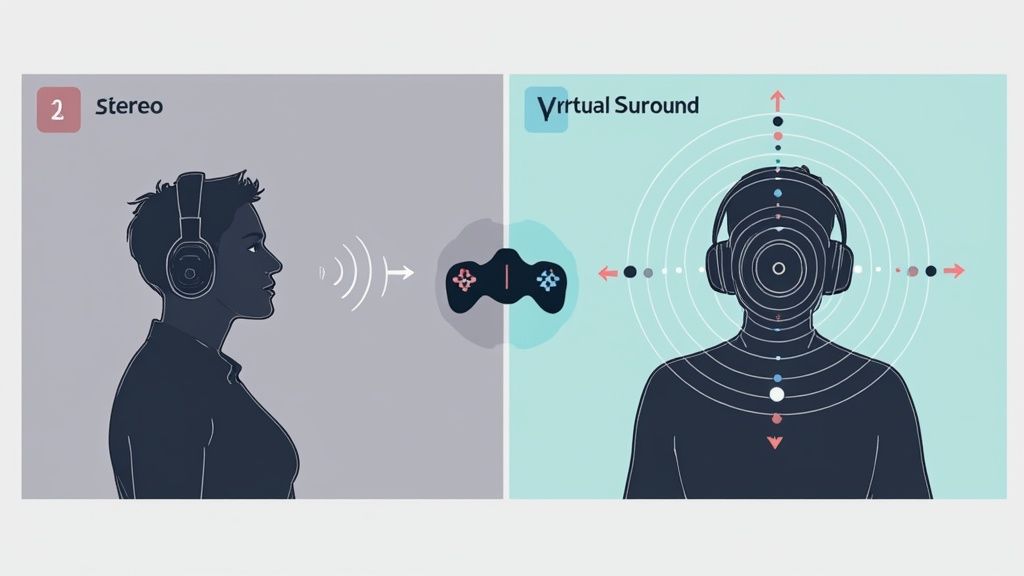 Ein Gaming-Headset auf einem Schreibtisch mit leuchtender Tastatur im Hintergrund.