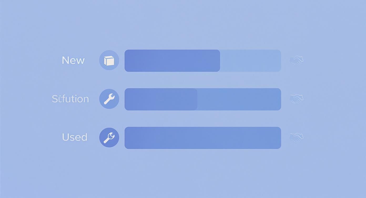 Grafische Darstellung von Statuskategorien 'Neu', 'Sifution', 'Gebraucht' mit Fortschrittsbalken und relevanten Icons.