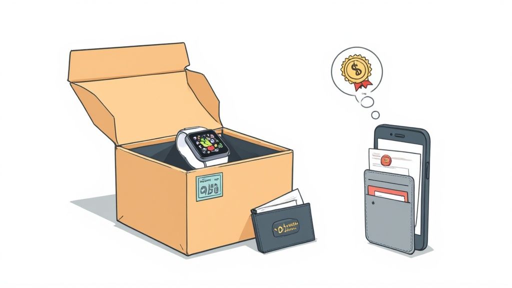 Eine Person, die eine generalüberholte Apple Watch in einer minimalistischen Verpackung hält, um Qualität und Wert zu symbolisieren.