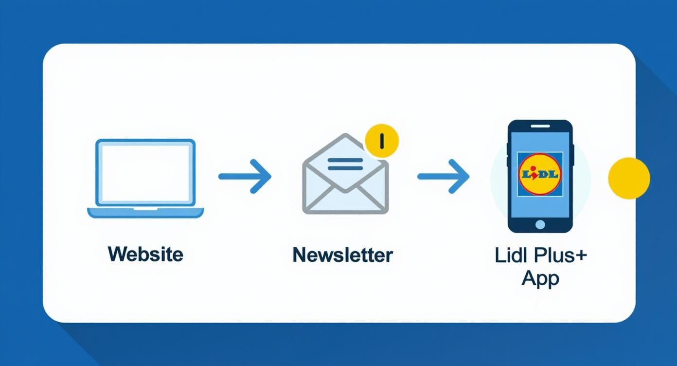 Flussdiagramm zeigt den Weg von der Website über Newsletter zur Lidl Plus App mit Benachrichtigung