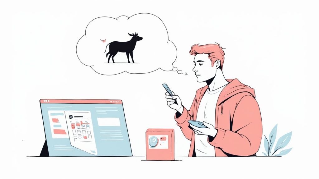 Ein Mann benutzt ein Smartphone vor einem Laptop und denkt an eine Kuh.