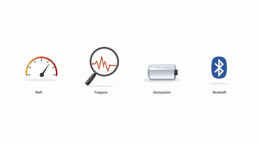 Vier Symbole: Leistungsmesser, Lupe mit Frequenzwelle, Batterie und Bluetooth-Logo auf weißem Hintergrund.