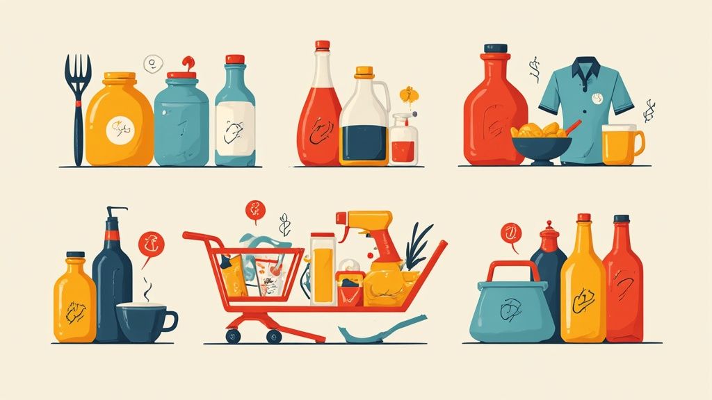 Eine große Lagerhalle gefüllt mit reduzierten Lidl-Produkten während eines Sonderverkaufs