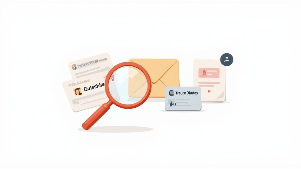 Eine Lupe untersucht Dokumente, einen Briefumschlag und eine digitale Kontaktkarte auf Informationen.