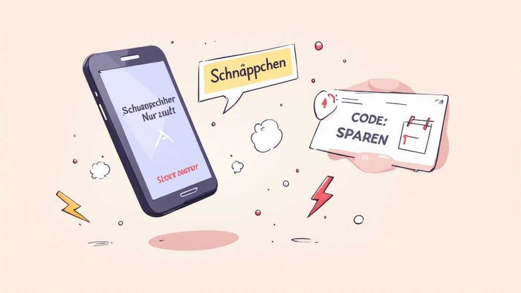 Ein Smartphone zeigt eine Nachricht, daneben eine Sprechblase mit "Schnäppchen" und eine Hand hält eine Karte mit "CODE: SPAREN" und einem Kalender.
