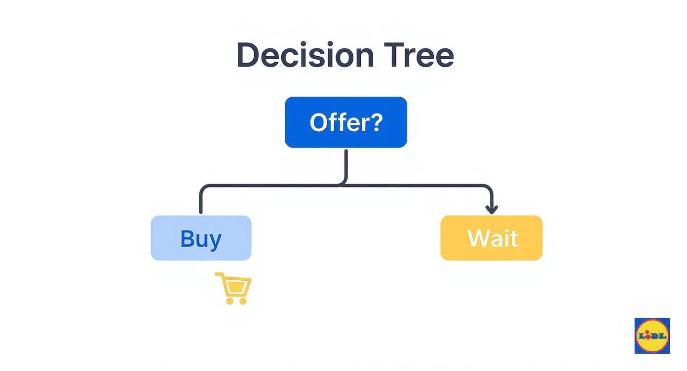 Infografik, die als Entscheidungsbaum darstellt, ob man ein Lidl-Angebot kaufen oder darauf warten sollte.