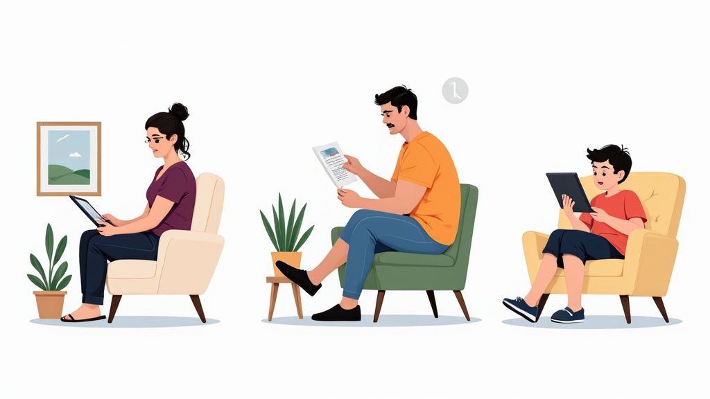 Eine Person liest entspannt auf einem Tablet im Bett.