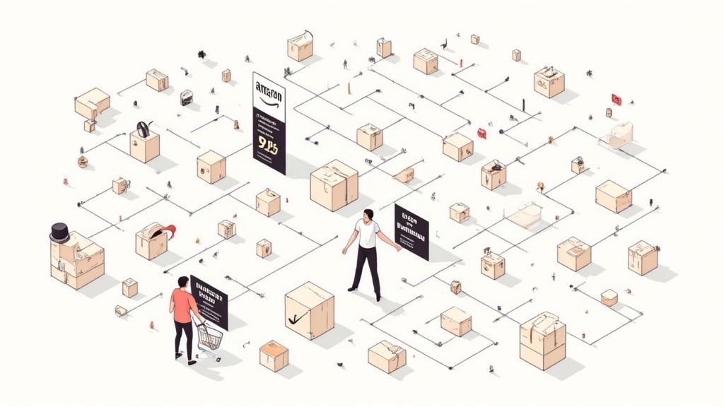 Ein komplexes Liefernetzwerk mit zahlreichen Paketen, verbunden durch Linien, und Menschen, die damit interagieren, inklusive Amazon-Branding.