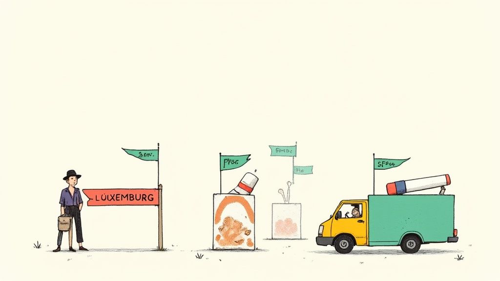 Ein Mann steht an der Grenze zu Luxemburg, während ein LKW Waren mit verschiedenen Chemikalien-Kennzeichnungen transportiert.