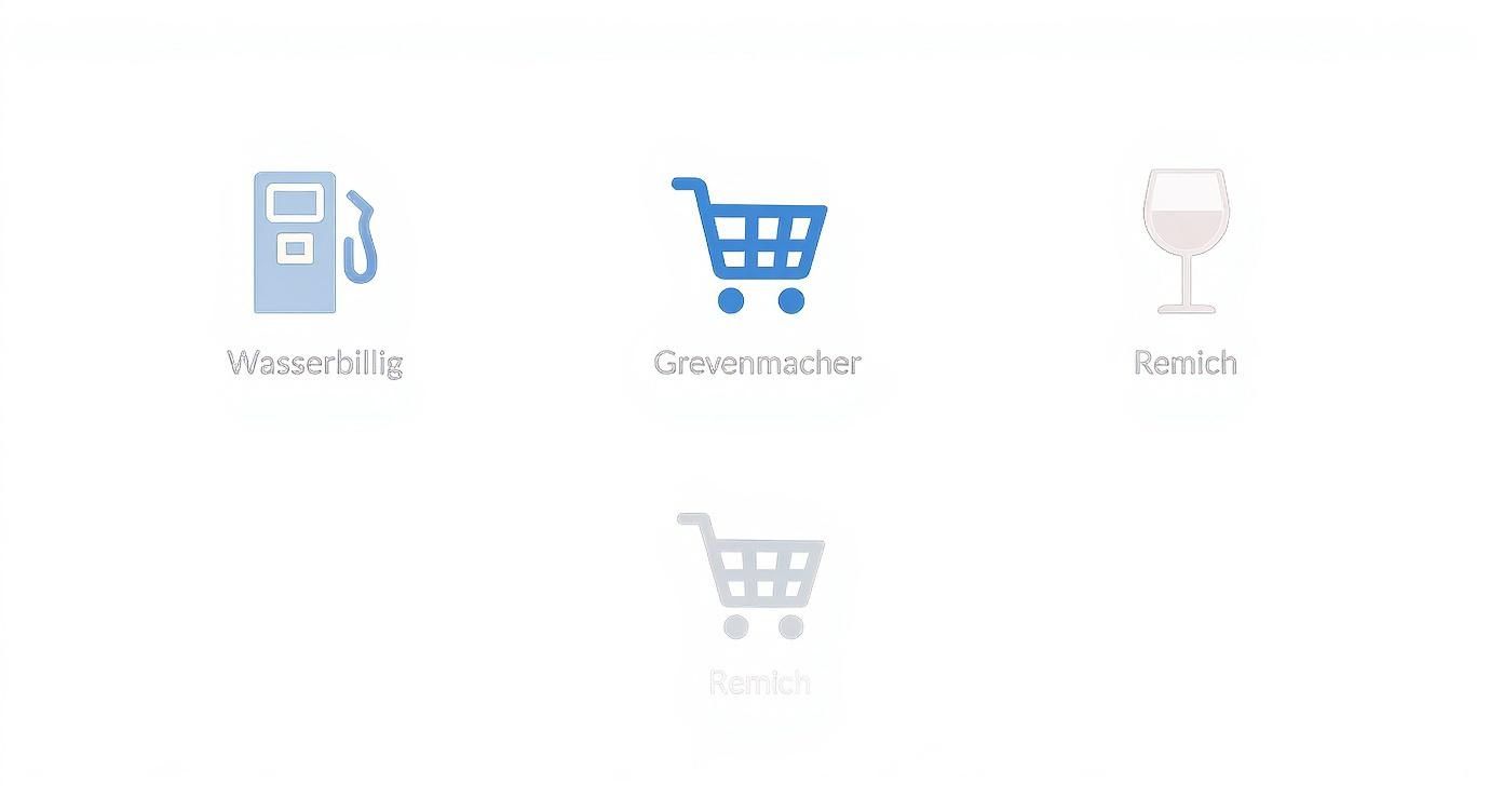 Icons für Tankstellen, Einkaufswagen und Weingläser mit Ortsnamen Wasserbillig, Grevenmacher, Remich auf weißem Hintergrund.