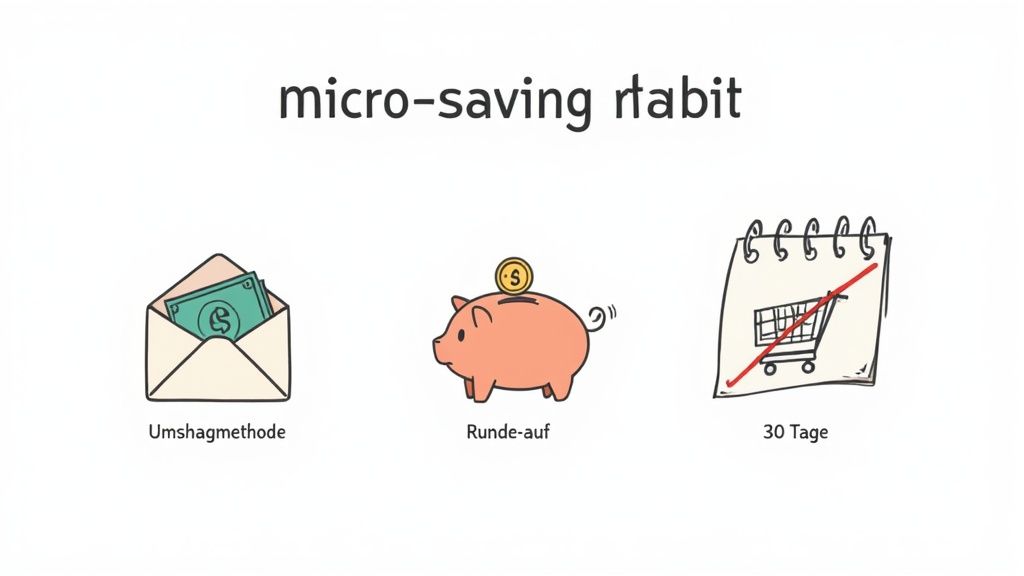 Drei Methoden für Micro-Saving-Gewohnheiten: Umschlagmethode, Spardose und 30-Tage-Challenge zur Geldeinsparung.