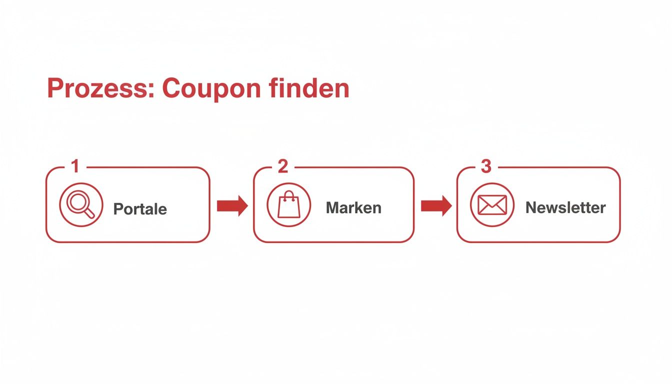 Eine Prozessdarstellung zum Finden von Coupons: 1. Portale, 2. Marken, 3. Newsletter per E-Mail.