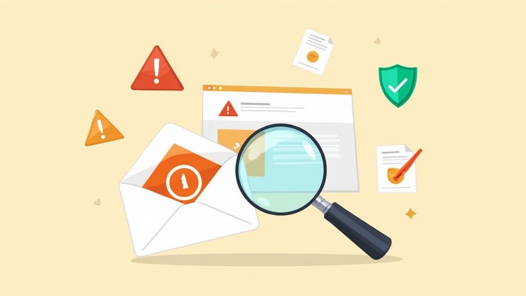 Digitale Sicherheit: Eine Lupe untersucht eine gefährliche E-Mail und Webseite, um Bedrohungen zu erkennen.