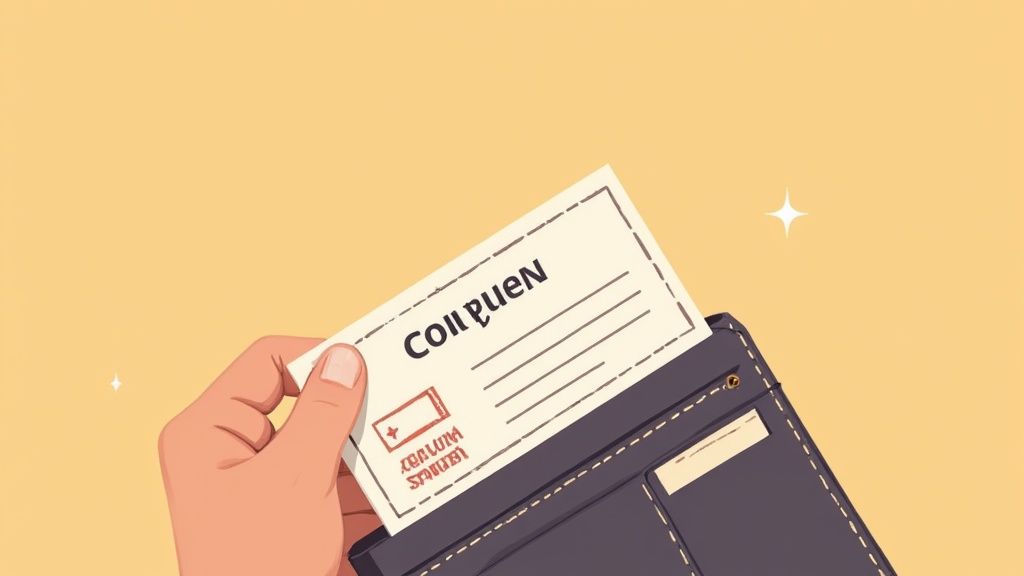 Eine Hand zieht einen Coupon mit dem Wort 'Coupon' aus einer Brieftasche vor gelbem Hintergrund.