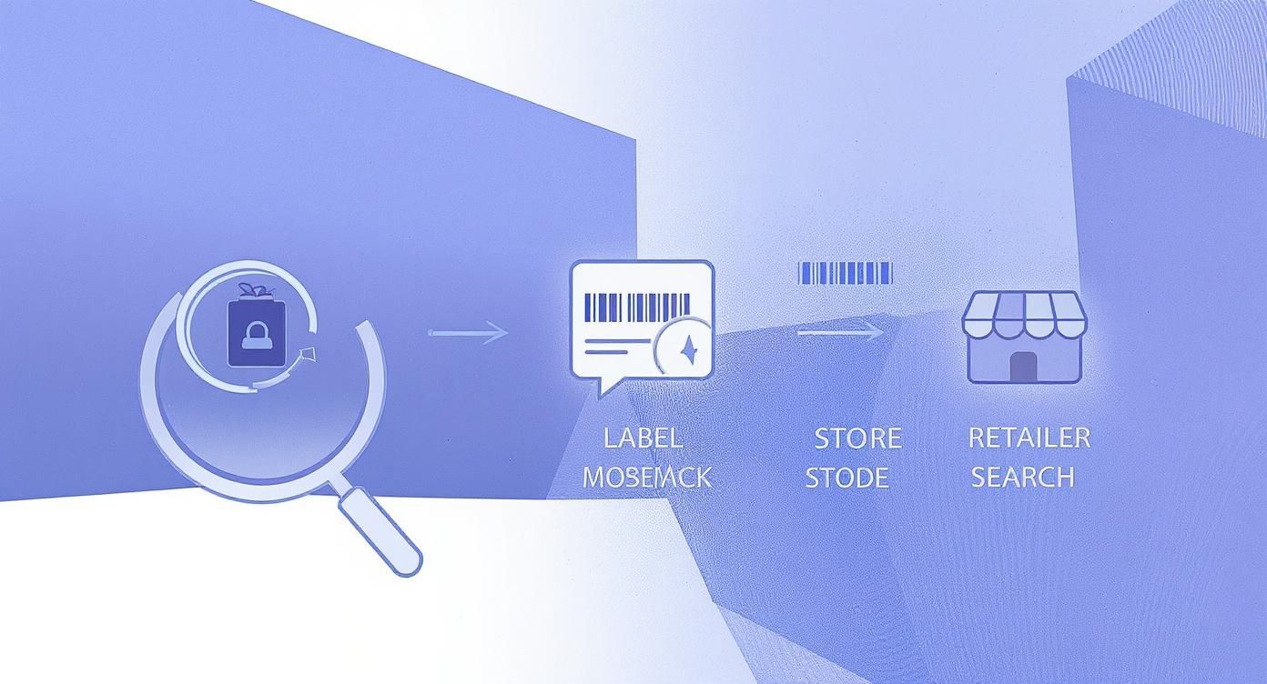 Infografik über den Prozessablauf zur Aktionsprüfung, die Schritte Produkte prüfen, Modell-Code checken und Händler finden darstellt.