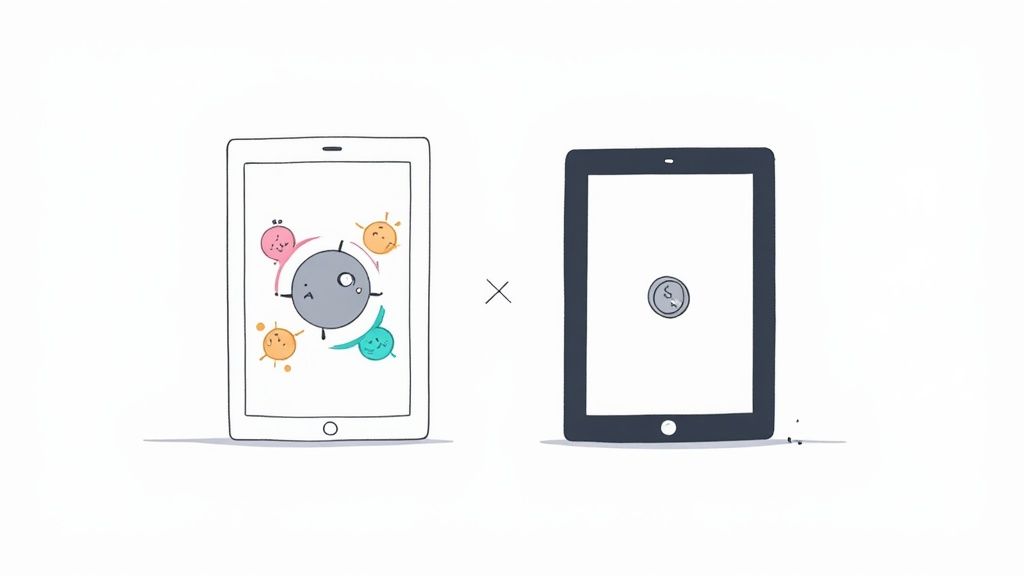 Eine Waage, die auf der einen Seite einen kleinen Geldbeutel und auf der anderen Seite ein Tablet ausbalanciert.