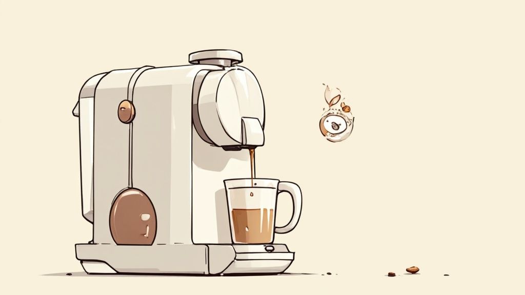 Eine Senseo-Kaffeemaschine, die eine Tasse Kaffee mit Bellarom-Pads zubereitet.