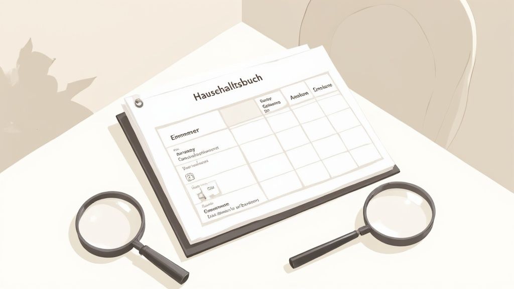 Ein Haushaltsbuch mit zwei Lupen liegt auf einem Tisch und symbolisiert Finanzplanung.