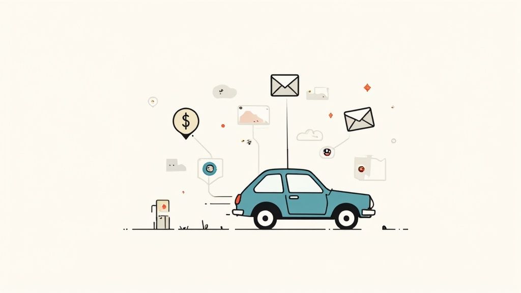 Ein hellblaues Auto fährt, umgeben von Icons wie Geld, Nachrichten und Karten, die digitale Dienste oder Lieferungen darstellen.