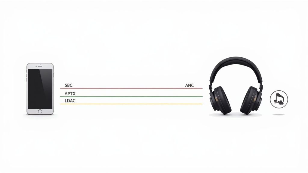 Diagramm zeigt Smartphone und Kopfhörer mit Bluetooth-Audio-Codecs wie SBC, APTX, LDAC und ANC.