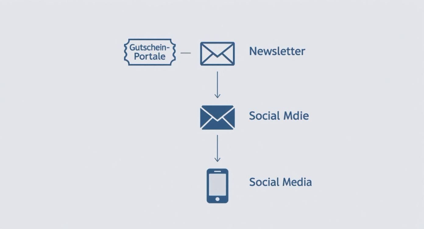 Infografik zu den Hauptquellen für Rabattcodes wie Gutschein-Portale, Newsletter und Social Media