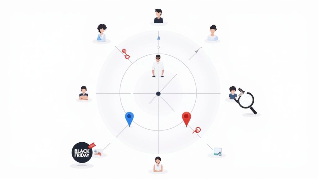 Netzwerkdiagramm zeigt Kundenverbindungen mit Standortmarkierungen und Black Friday Shopping-Konzept für Zielgruppenanalyse