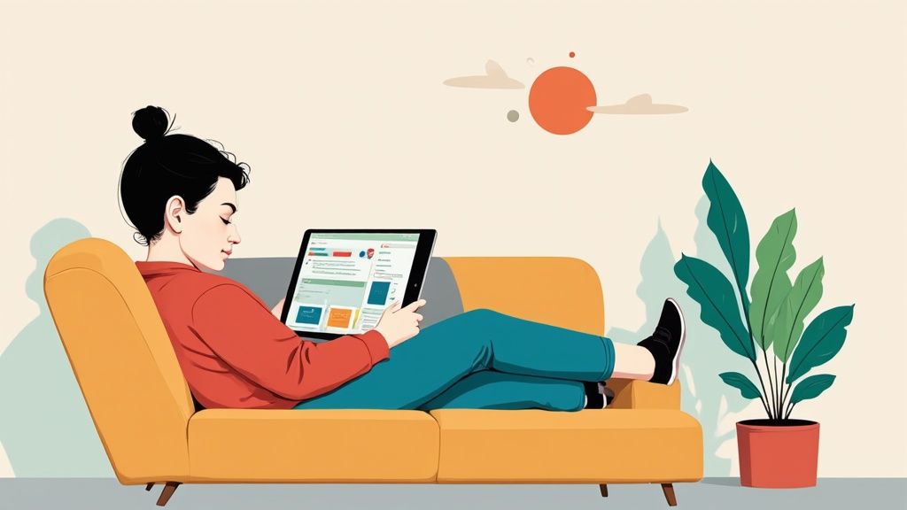 Eine Person entspannt auf einem Sofa und benutzt ein Tablet zum Surfen.