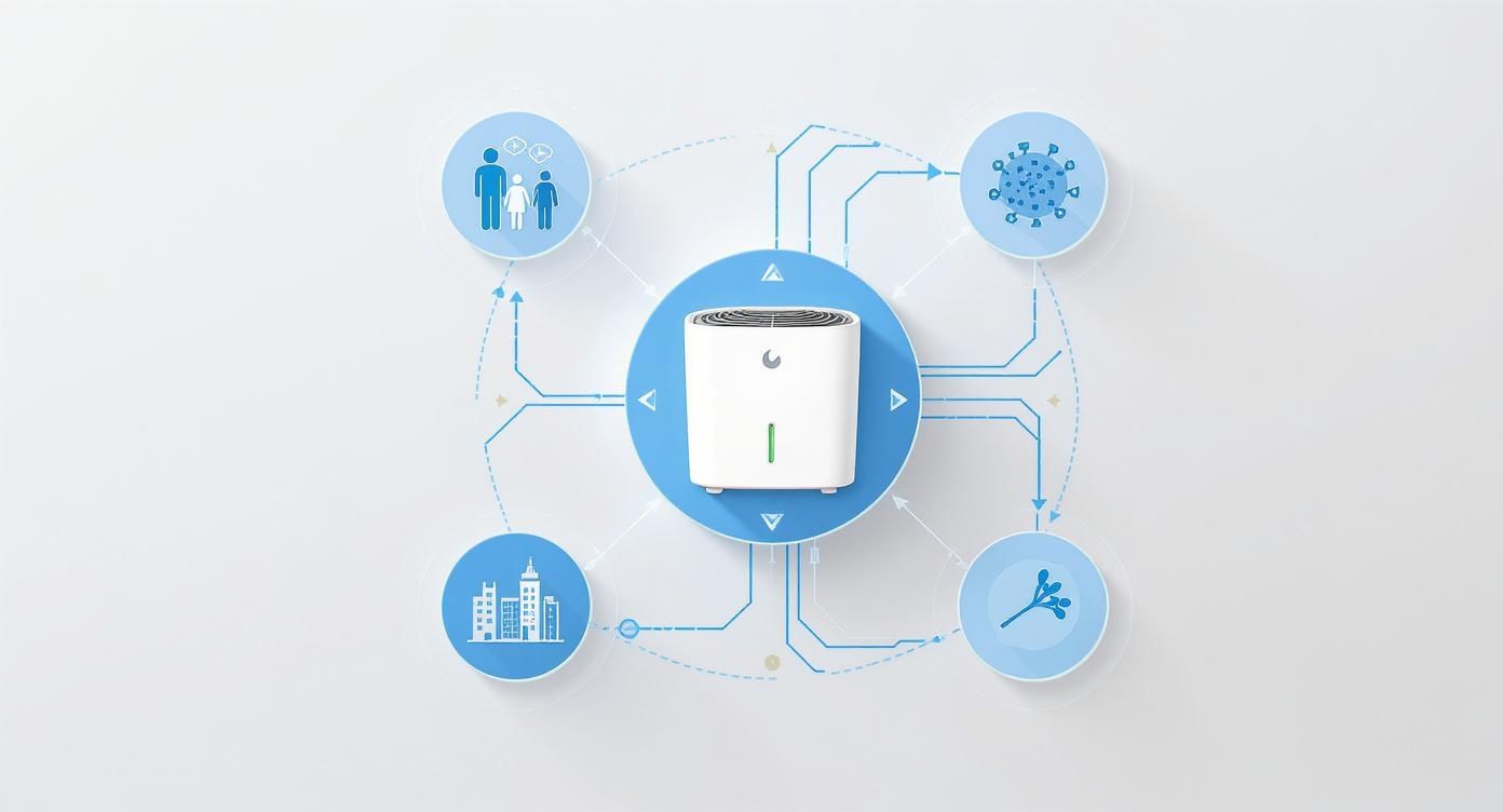Infografik über den Philips Luftreiniger 600, die seine Vorteile für Familien, Stadtbewohner und Allergiker darstellt.