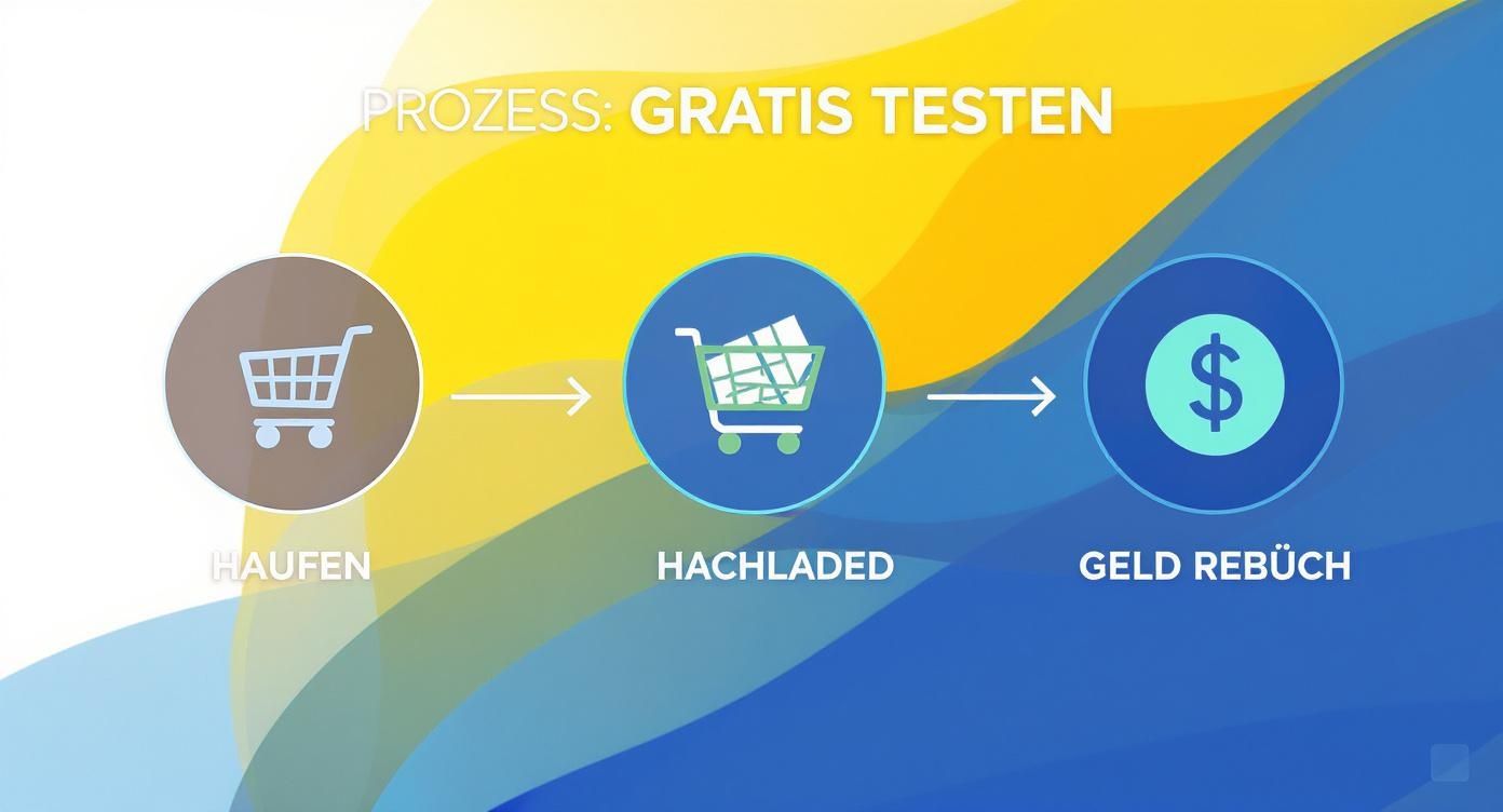 Ein Diagramm zeigt den Prozess 'Gratis Testen' in drei Schritten: Warenkorb, Warenkorb mit Artikeln und Geldzeichen.