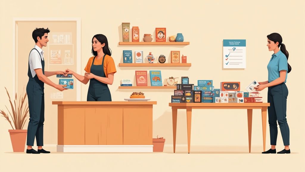 Eine Person durchstöbert Regale in einem Brettspielladen nach Angeboten