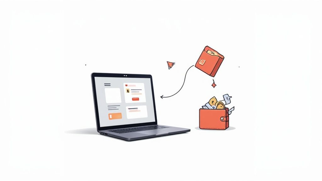 Laptop mit Online-Interface und Geldbörsen, die den digitalen Transfer von Werten darstellen.