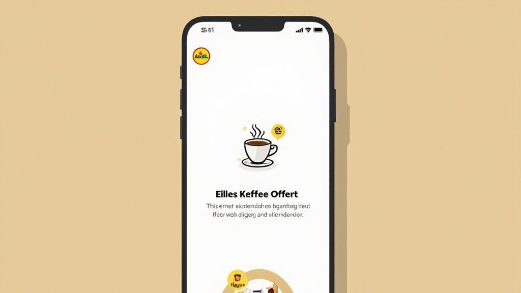 Smartphone-Bildschirm zeigt eine App mit einem Kaffee-Symbol, Text 'Eilles Keffee Offert' und Lidl-Logo.