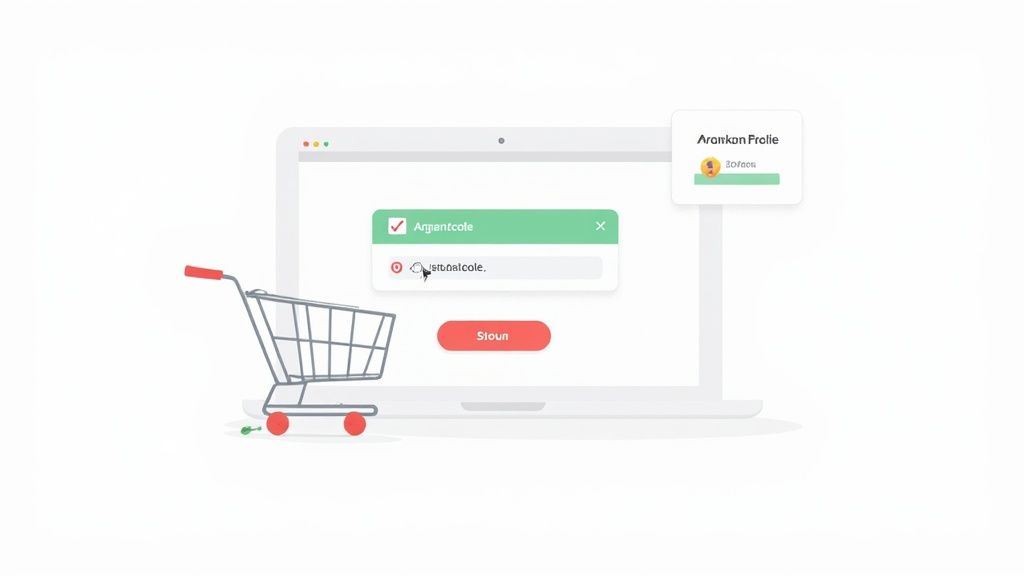 Online-Shopping-Schnittstelle mit Gutscheincode-Eingabefeld und Einkaufswagen, zeigt Rabattcode-Validierung und Benutzerprofil