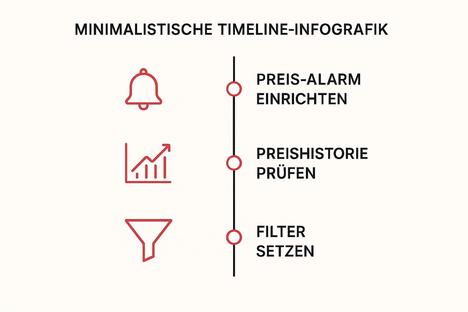 Infografik, die die drei Schritte der Preisvergleichsnutzung visualisiert: Preis-Alarm einrichten, Preishistorie prüfen und Filter setzen.