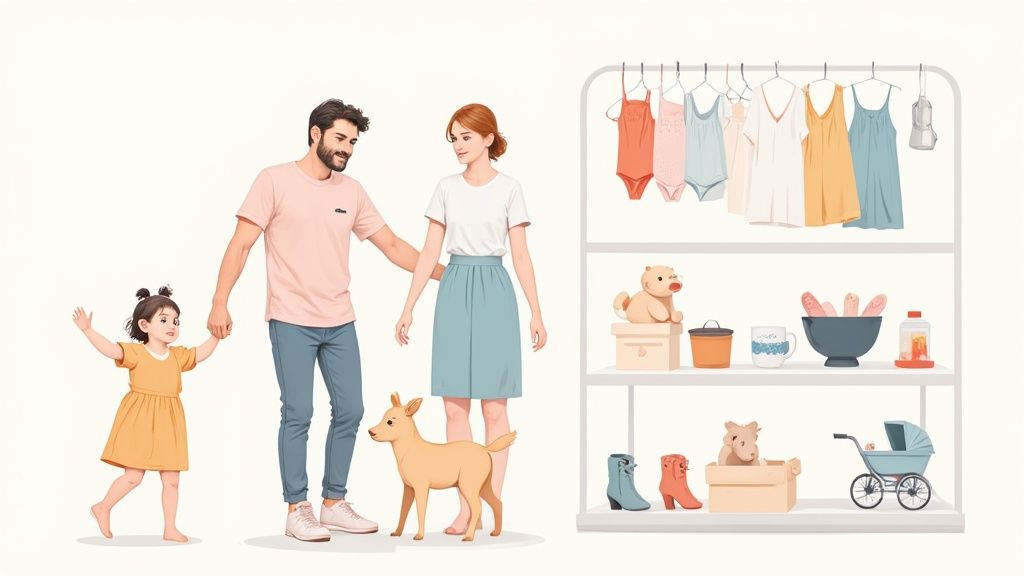 Eine glückliche junge Mutter hält ihr Baby im Arm, umgeben von Babyartikeln wie Spielzeug und Kleidung.