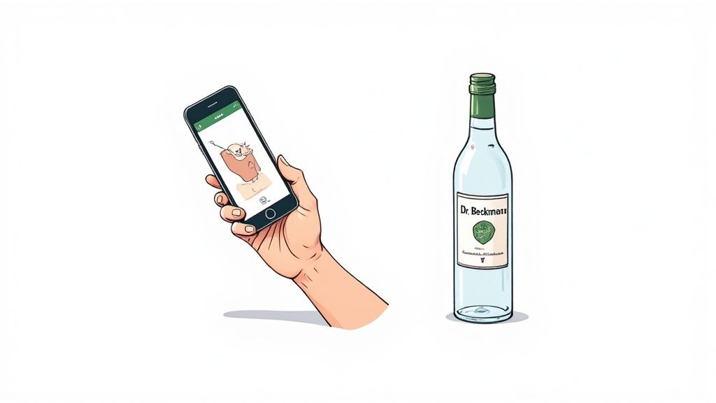 Eine Hand hält ein Smartphone mit einer Abbildung. Daneben steht eine Flasche Dr. Beckmann.