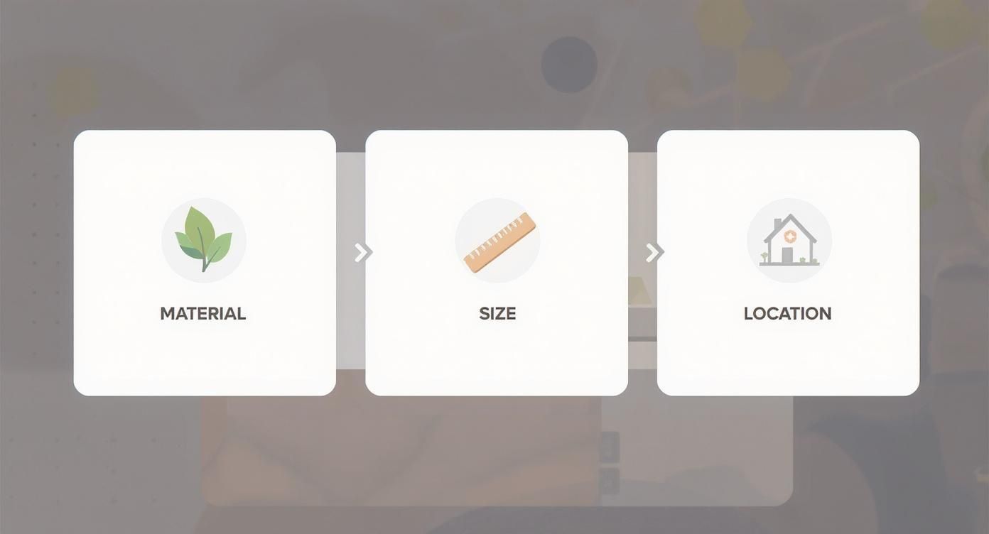 Infografik, die die drei Schlüsselfaktoren für die Auswahl von Blumentöpfen zeigt: Material, Größe und Standort
