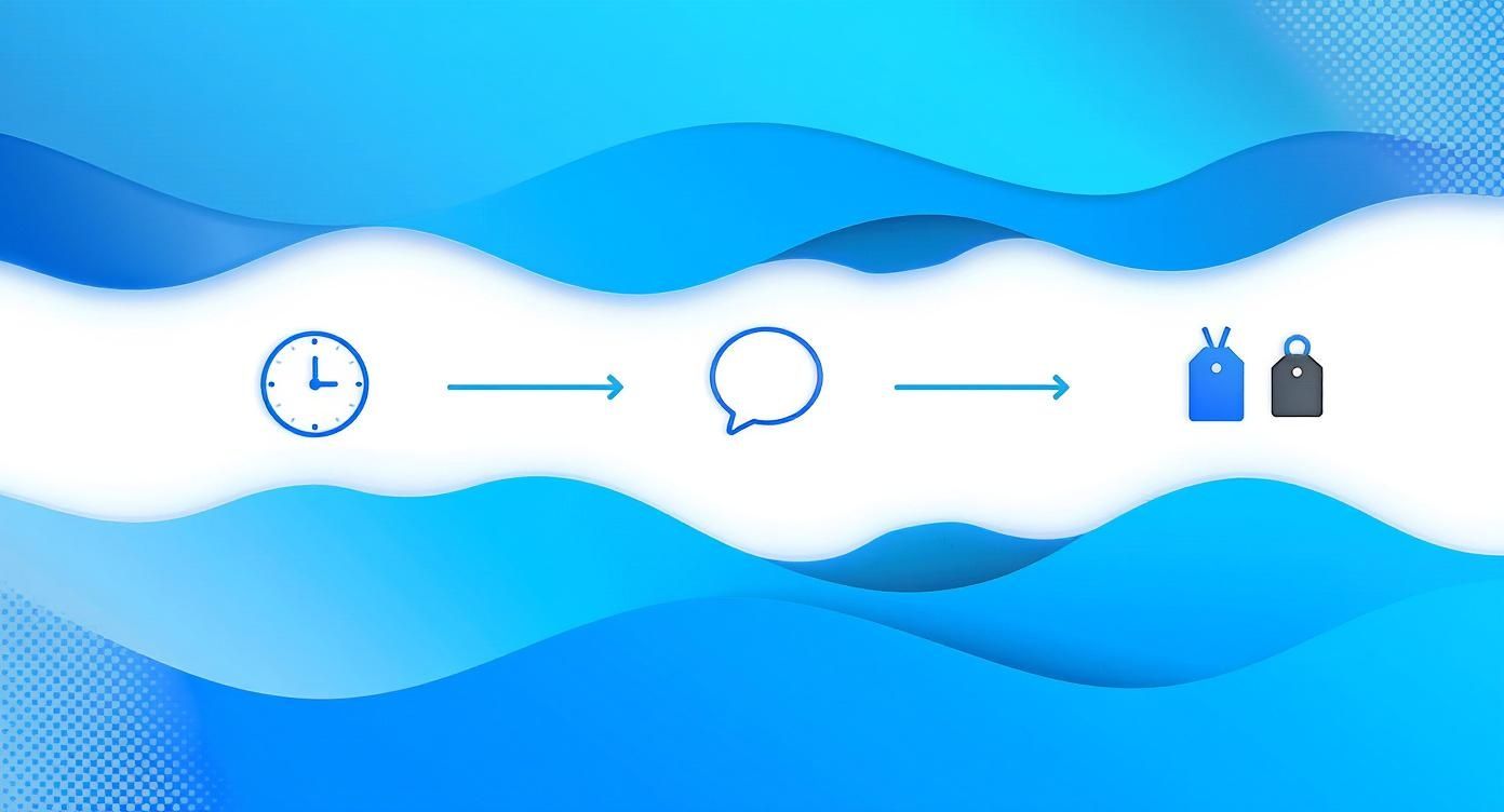 Prozessablauf-Diagramm zeigt zeitliche Abfolge von Planung über Kommunikation bis zur Produktkennzeichnung mit blauen Symbolen
