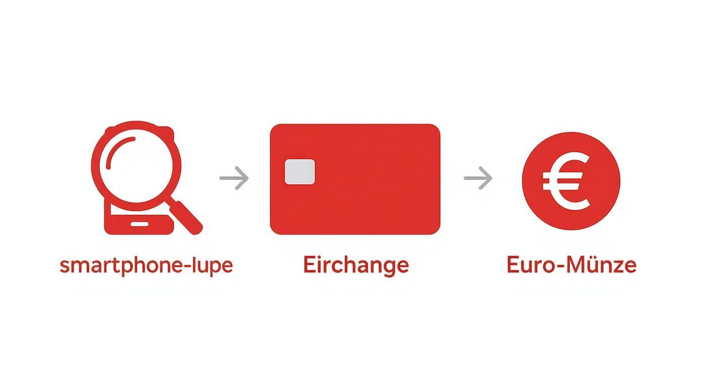 Smartphone-Lupe mit Eirchange-Karte und Euro-Münze zeigen Tauschaktion bei Media Markt