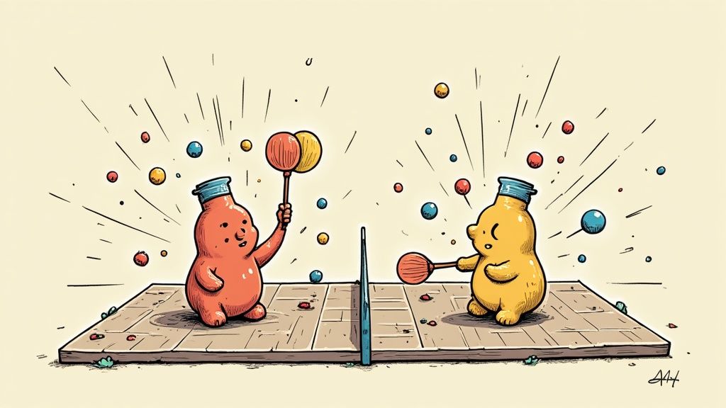 Ein Saugroboter navigiert mit Sensoren durch ein modern eingerichtetes Wohnzimmer, um Hindernisse zu erkennen.