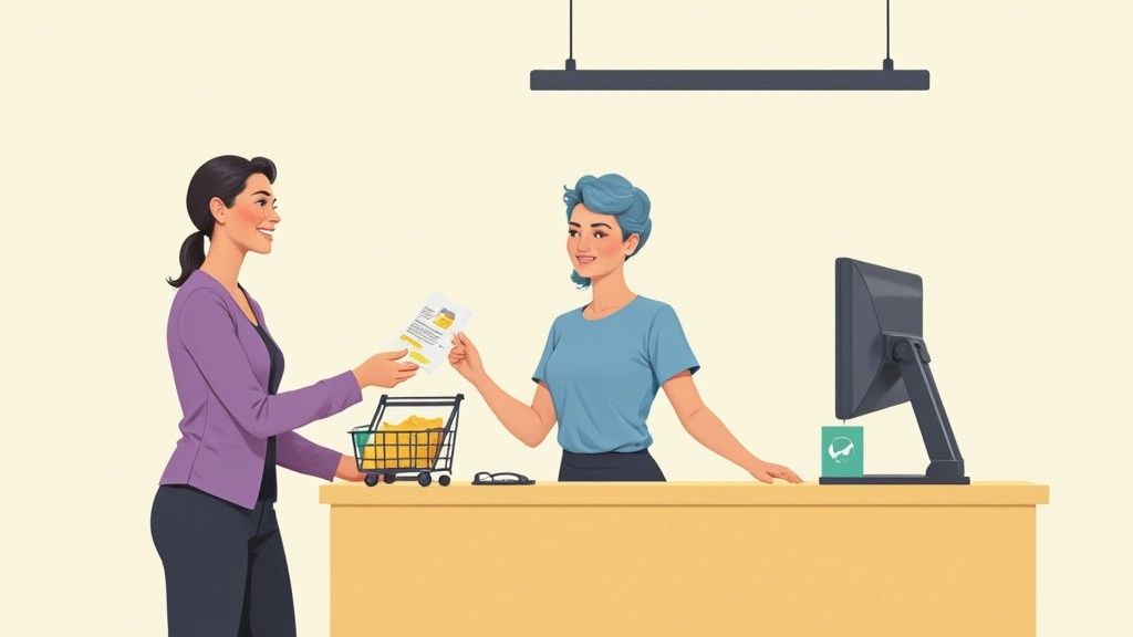Eine lächelnde Kundin übergibt einer freundlichen Mitarbeiterin einen Gutschein an einem Schalter mit Einkaufswagen.