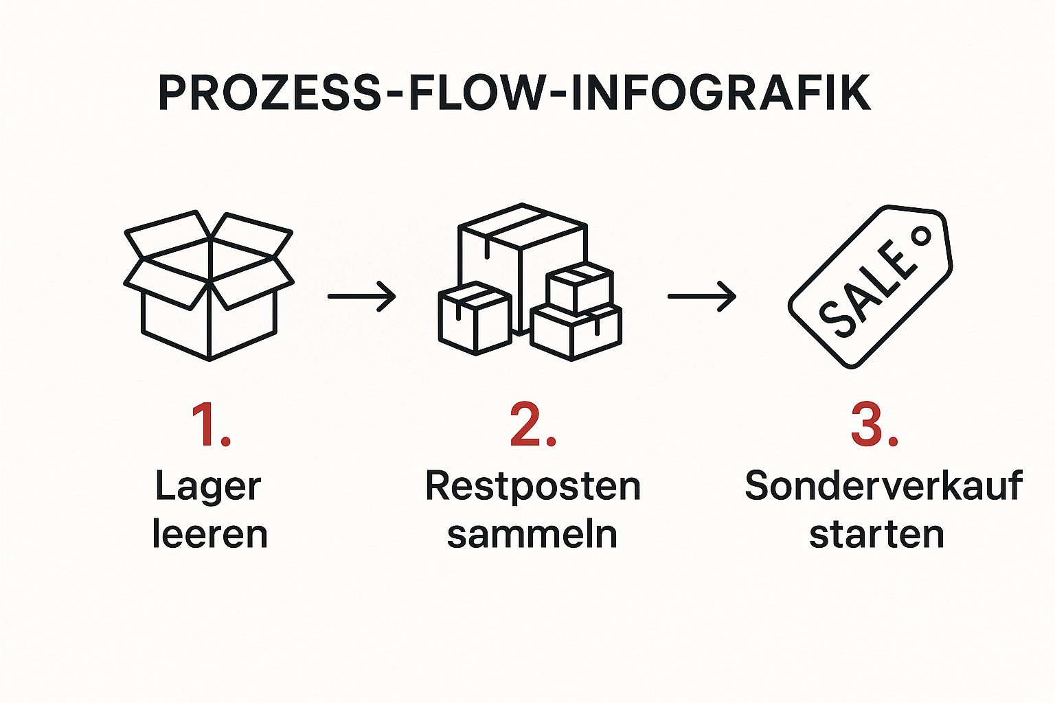 Infografik, die den dreistufigen Prozess eines Lidl Sonderverkaufs darstellt: Lager leeren, Restposten sammeln, Sonderverkauf starten.
