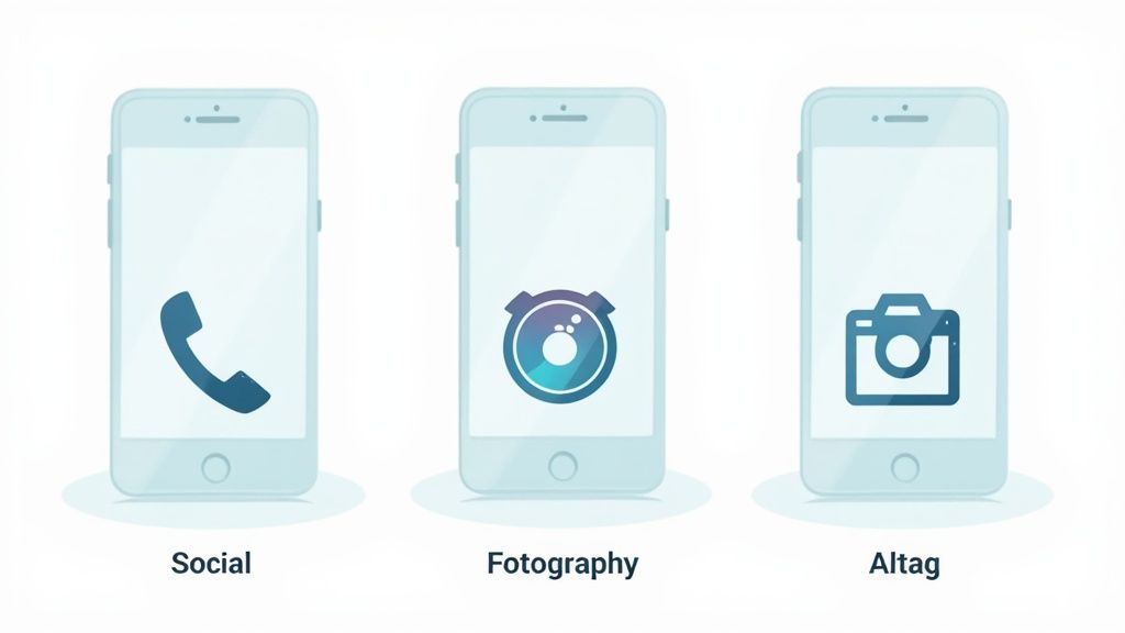 Drei Smartphones mit Icons für soziale Medien, Fotografie und Alltag, die verschiedene Nutzungsmöglichkeiten zeigen.