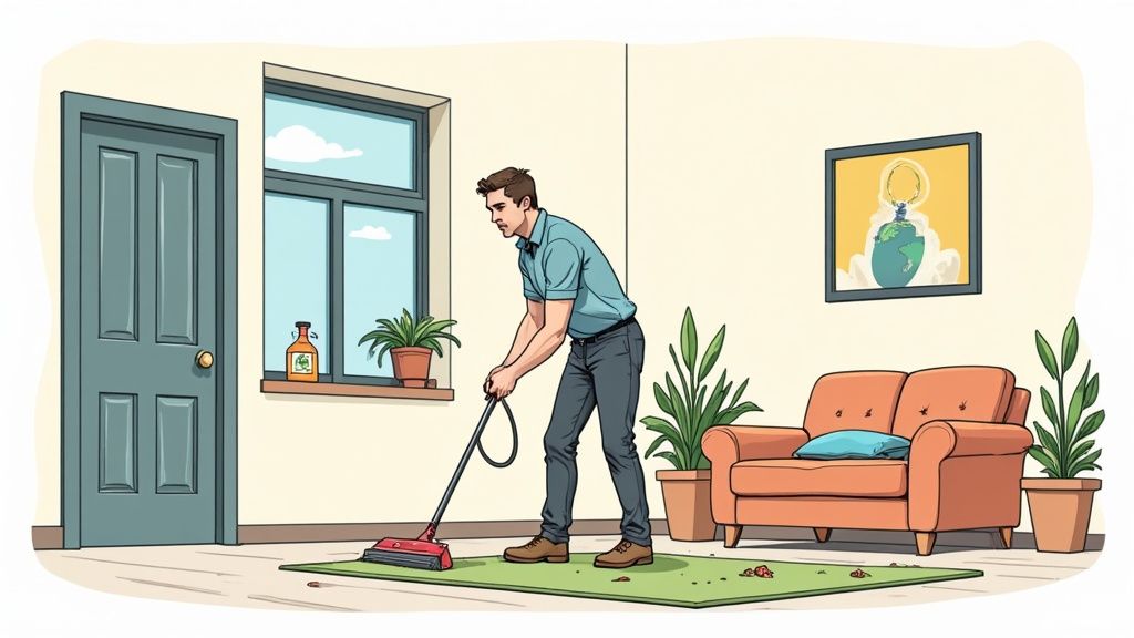 Ein moderner Saugroboter reinigt einen Holzboden in einem hellen Wohnzimmer.