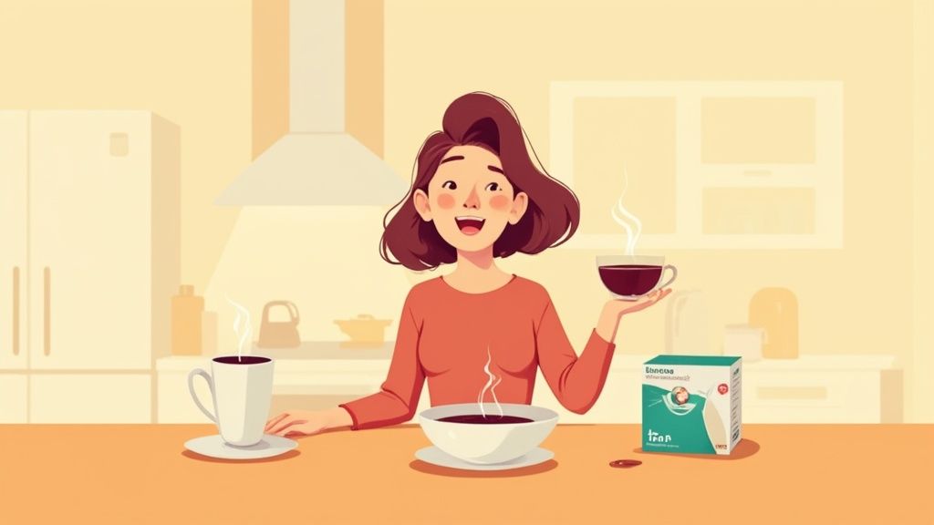 Eine Tasse Kaffee neben Kaffeebohnen und Senseo-Pads