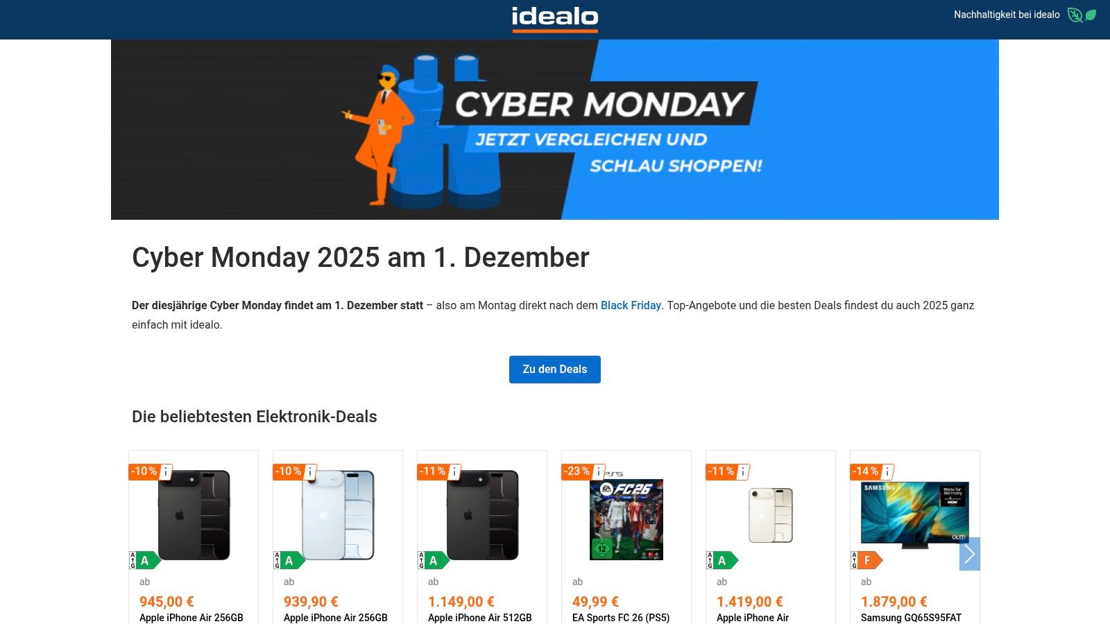 idealo – Cyber‑Monday‑Seite (Preisvergleich für MediaMarkt‑Angebote)