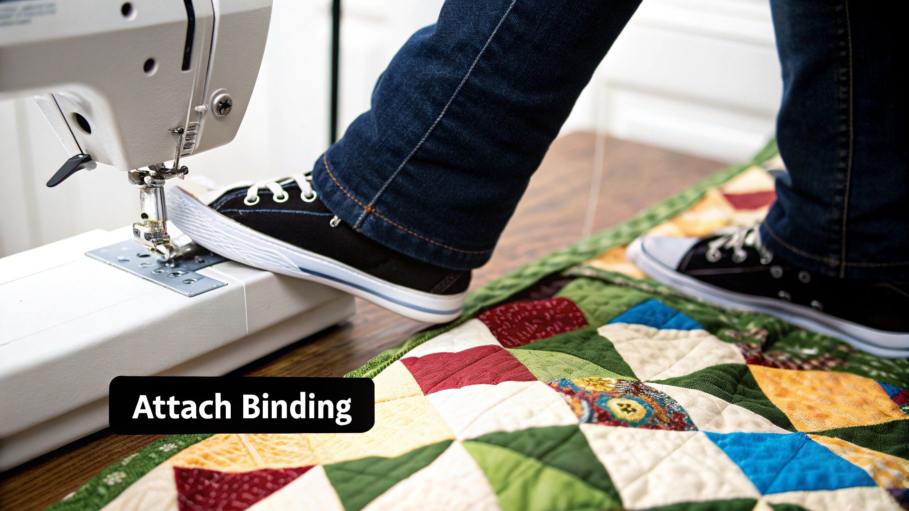 A sewing machine with a walking foot attaching a binding strip to a quilt
