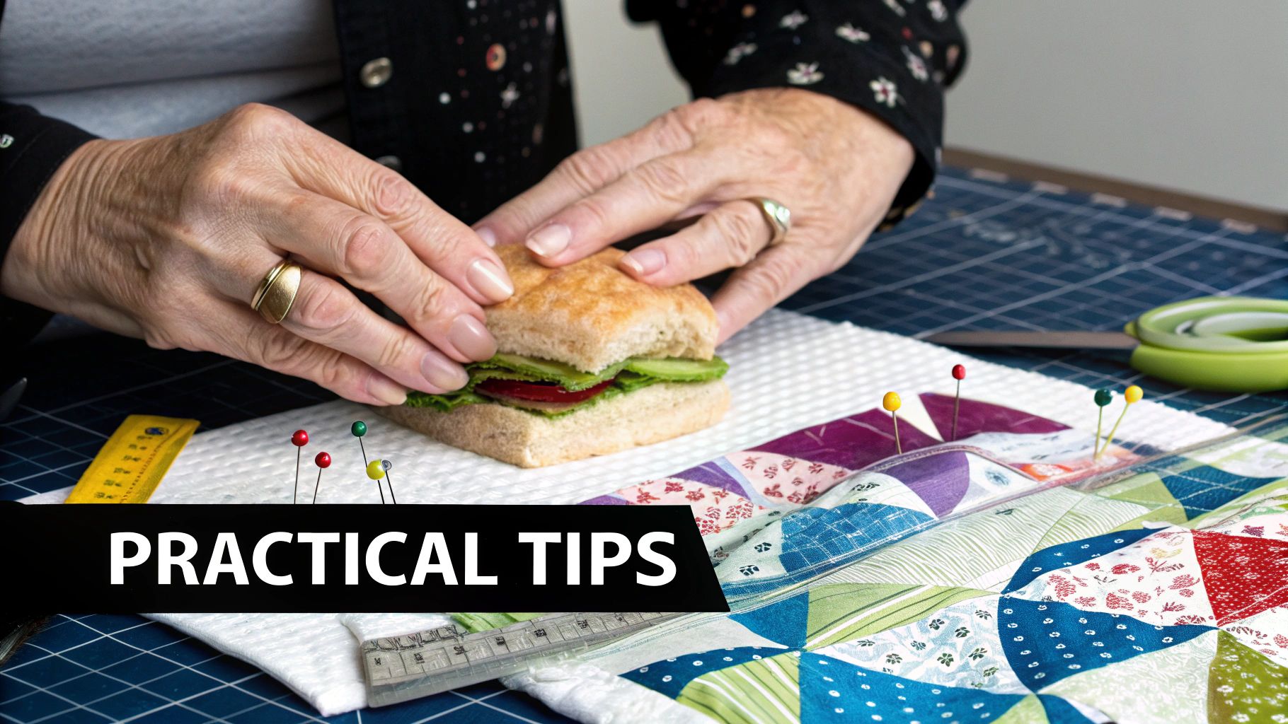 Hands holding felt sandwich craft demonstration with quilting supplies and patchwork on cutting mat