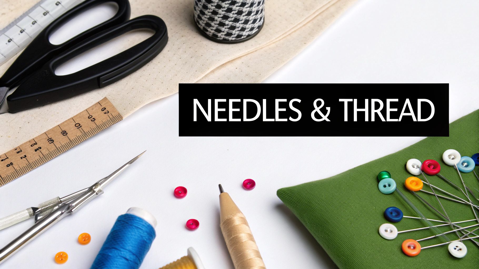 Sewing supplies including scissors, measuring tape, thread spools, buttons, and pins on fabric