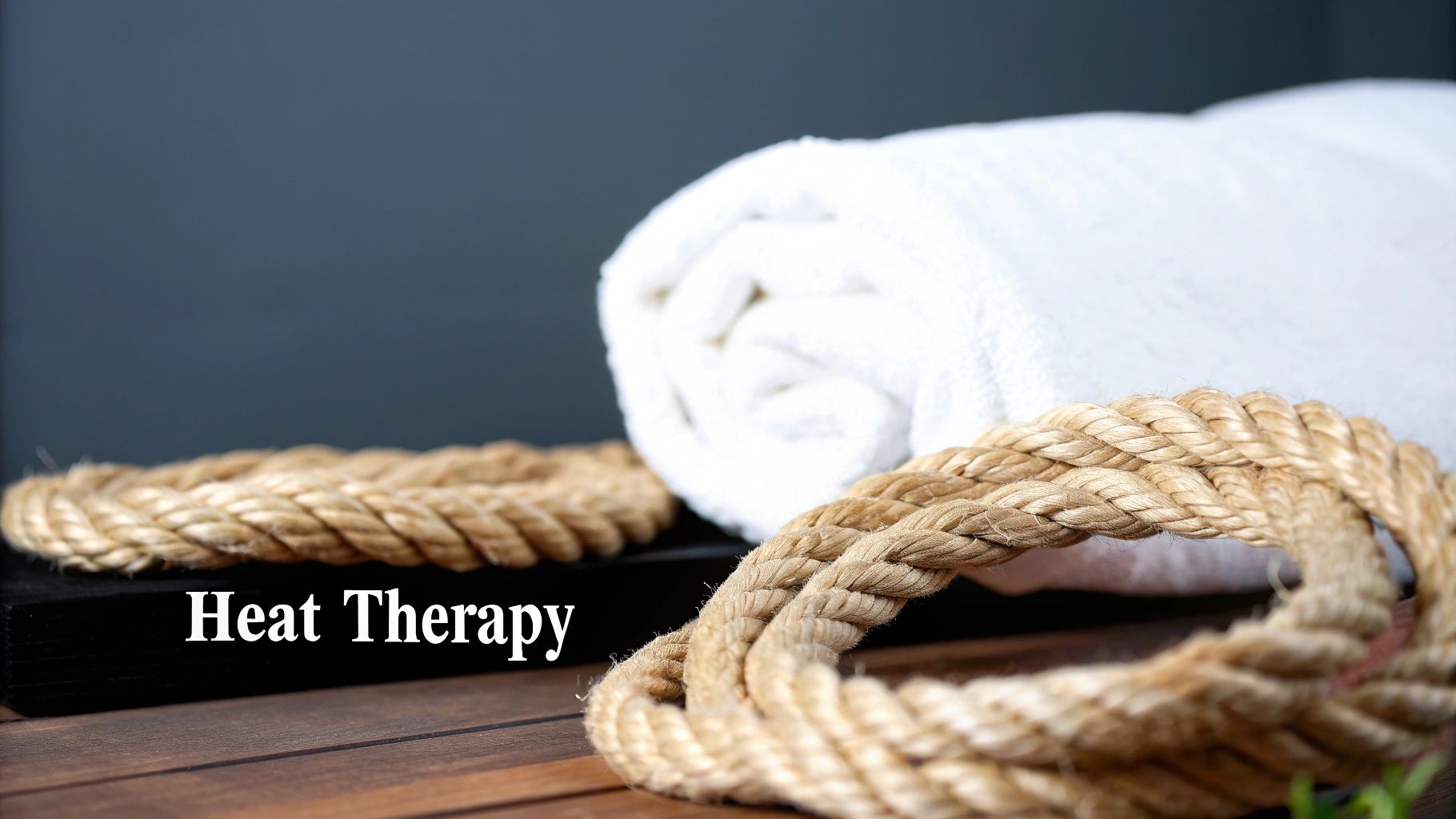 A white rolled towel, coiled ropes, and a black block with 'Heat Therapy' text on a wooden surface.